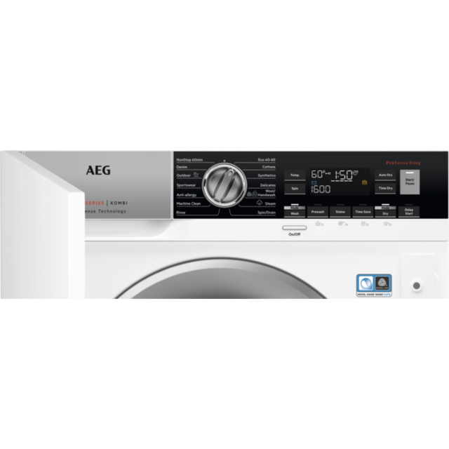 AEG L7WC8632BI Integrated Washer Dryer. 8kg wash load, 4kg dry load, 1600rpm spin speed
Integrated Washer Dryer. 8kg wash load, 4kg dry load, 1600rpm spin speed, medium dis