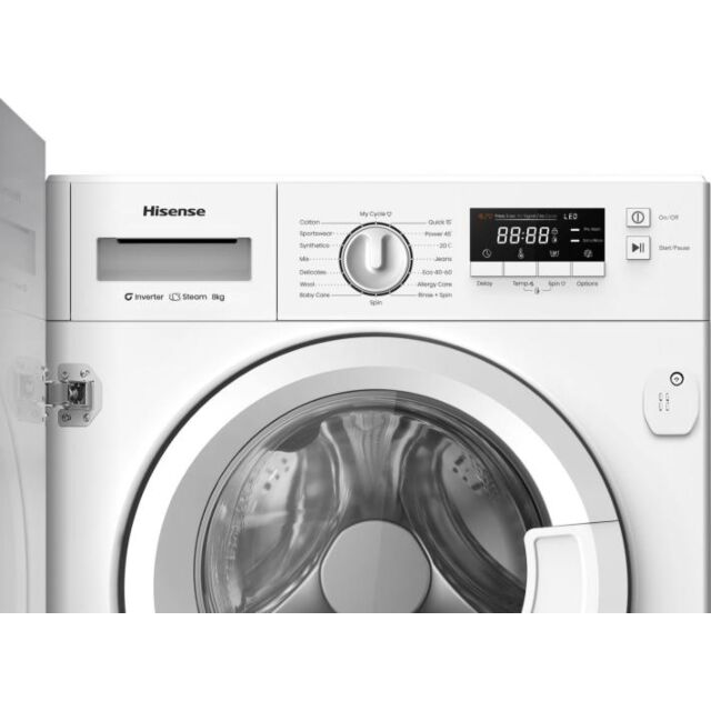 Hisense WF3M841BWI Integrated Washing Machine, 8Kg, 1300 Spin, White, A Rated